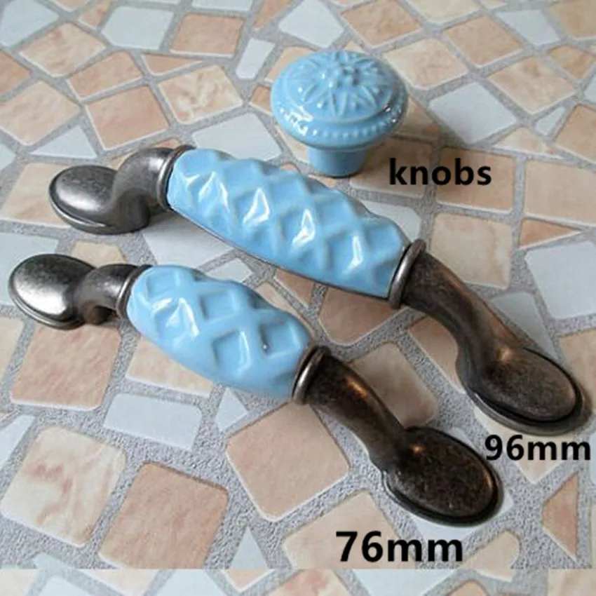 96mm Blue Dresser Handles Drawer Knobs Pulls Ceramic Kitchen