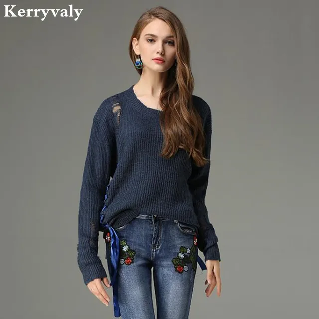 Lolita Style Hole Loose Sweater Sueter Mujer Invierno 2019 Blue Long Sleeve Winter Women Sweaters and Pullovers Jumper K5251