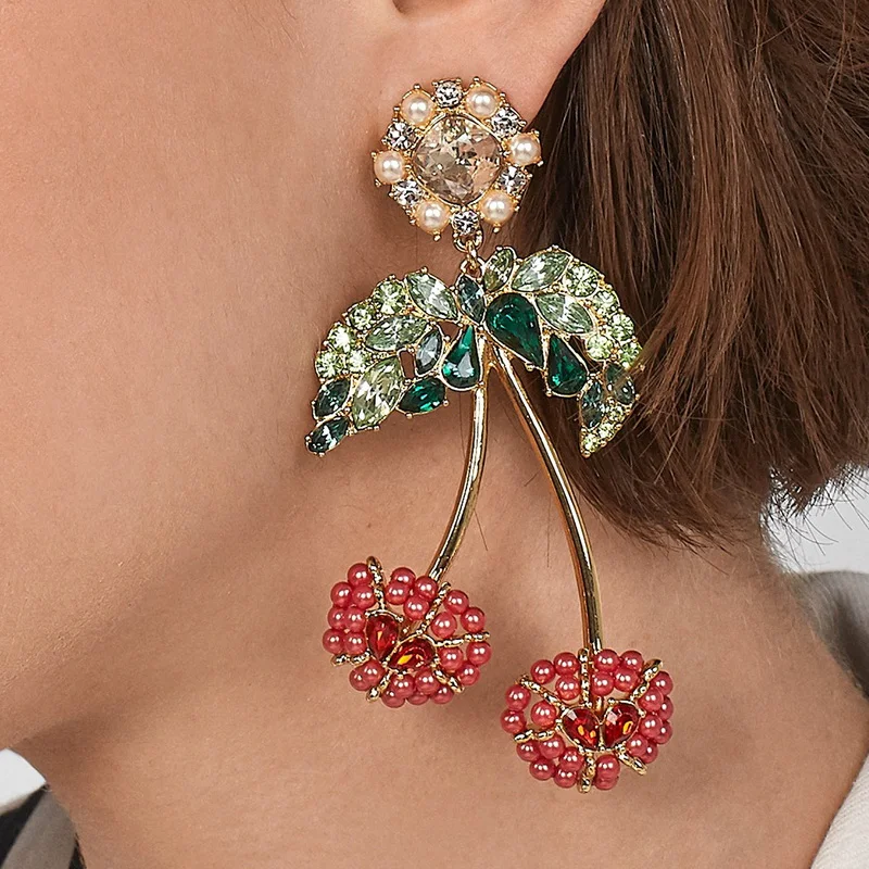 

JUJIA 2019 Fruit Drop Earrings Party Women Rhinestone Crystal Hanging Earrings Statement Cherry Earrings Korean Jewelry