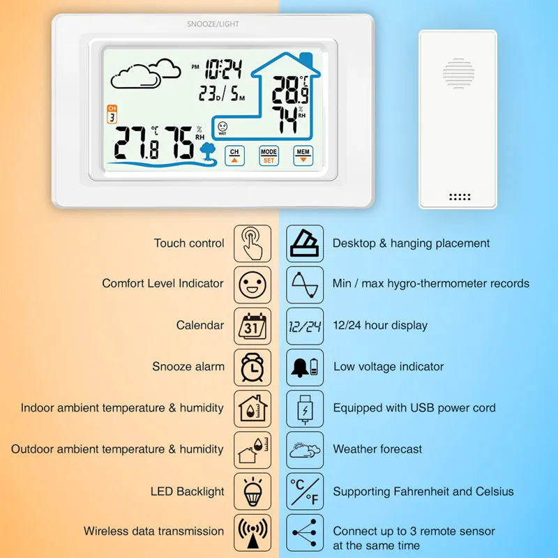 Цифровой температурный прибор с сенсорным управлением, часы для комнатной и наружной метеостанции