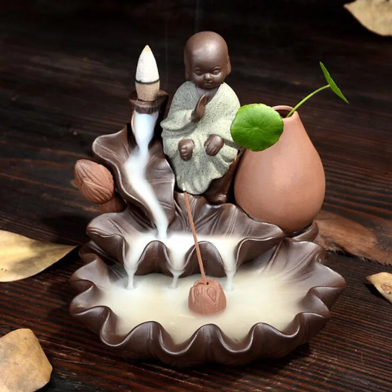 

Little Monk Small Buddha Censer Home Decor Ceramic Smoke Backflow Incense Burner Holder + 10Pcs Incense Cones