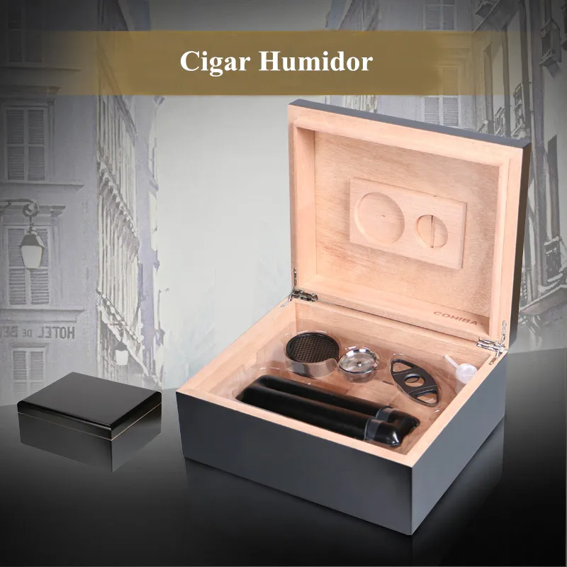 

Factory price High quality Wooden Black Cigar Humidor with Hygrometer and Humidifier Five Piece Suit