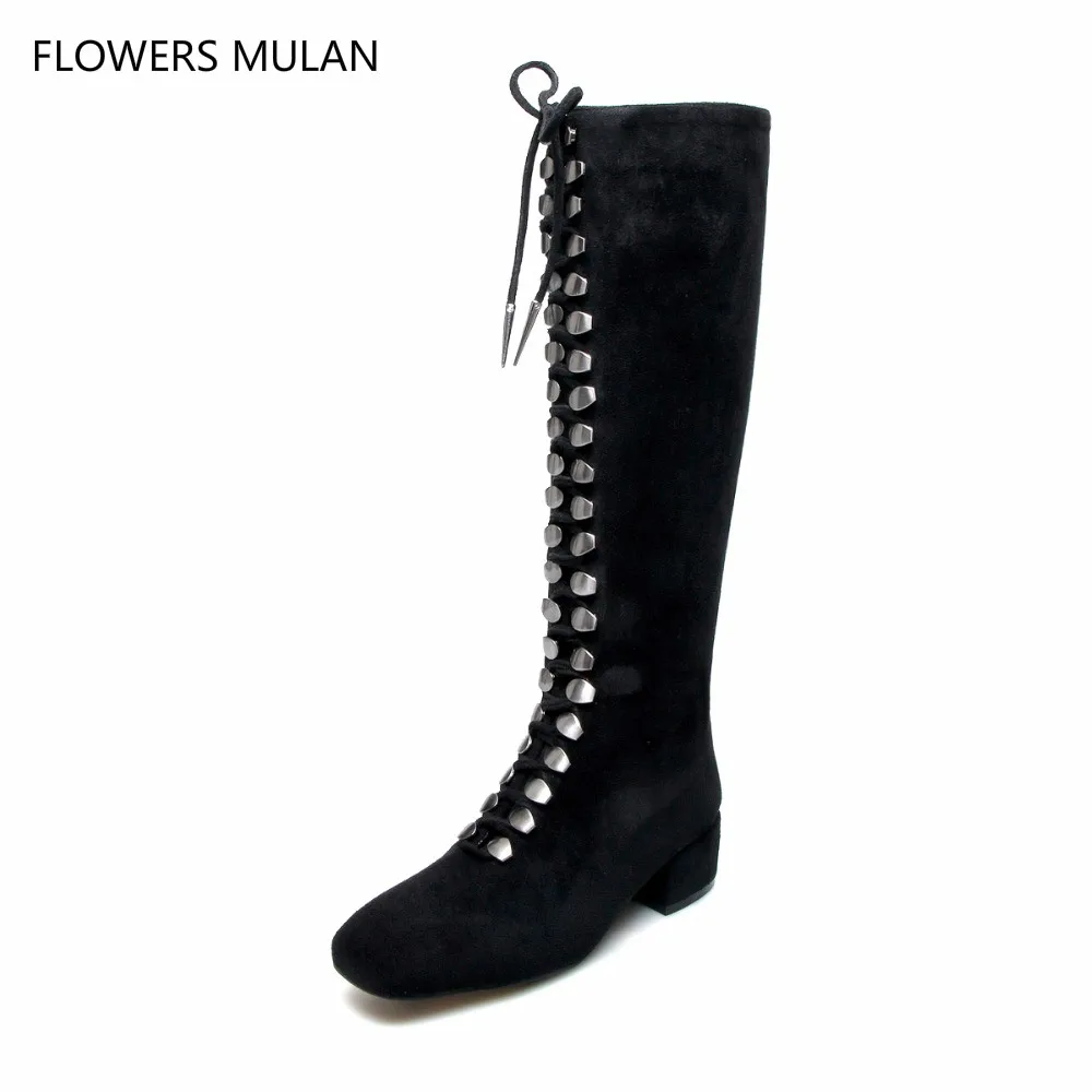 

New Catwork Metallic Silver Soft Leather Zapatos Mujer Lace Up Women Boots Chunky Heels Studded Knee High Boots Woman Botas