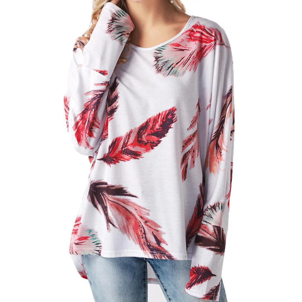 Women 2018 Spring Print Feather Long Sleeve O neck Pullover Blouse Tops