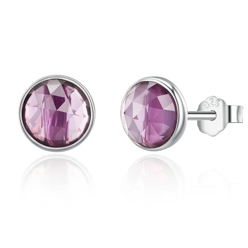925 пробы, серебряные серьги, 8 цветов, модный стиль, простой круглый стеклянный камень, красные серьги-гвоздики для женщин, девушек, серьги, ювелирное изделие - Окраска металла: Pink