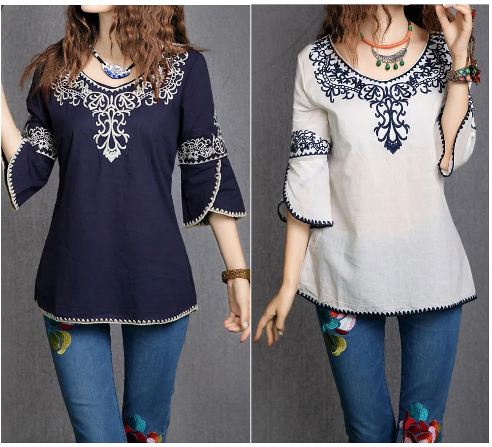 

2019 New Women Cotton 3/4 Sleeve Fashion Ethnic Totem Pattern Embroidered Bordered Ladylike Tops Blouse Shirts Free Shipping