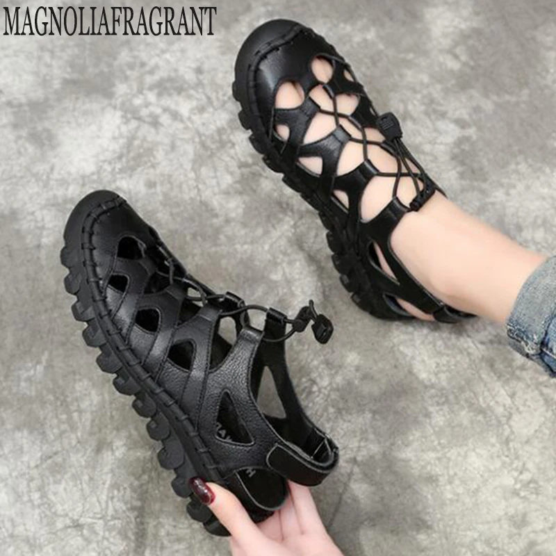 

Women Gladiator Sandals Shoes Genuine Leather Hollow out Flat Sandals Ladies Casual Soft bottom Summer Shoes Women Beach Sandal