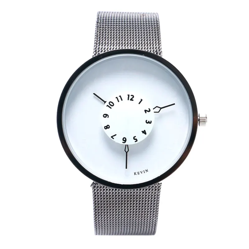 

KEVIN Mens Watches 2019 Turntable Dial Quartz Wrist Watch Women's Minimalist Stainless Steel Mesh Band Bangle Clock Montre Homme