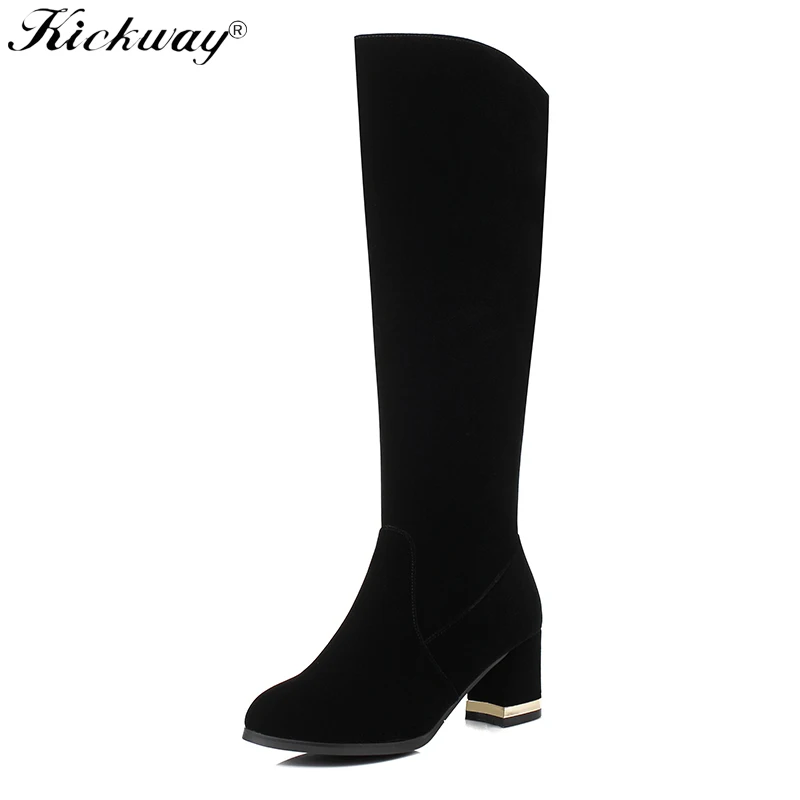

Kickway 2018 Women Winter Knee High Boots Autumn High Heels Platform Shoes For Woman Flock Black long boots for women size 34-43
