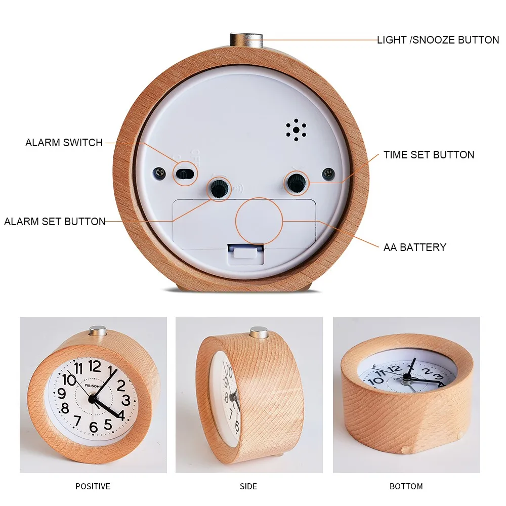 FiBiSonic немой развертки движение Повтор маленький круглый классический деревянный тихий будильник стол будильник с ночник