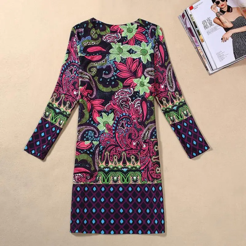 New Women's Summer & Autumn O-neck A-line skirt classic long-sleeved printed dress