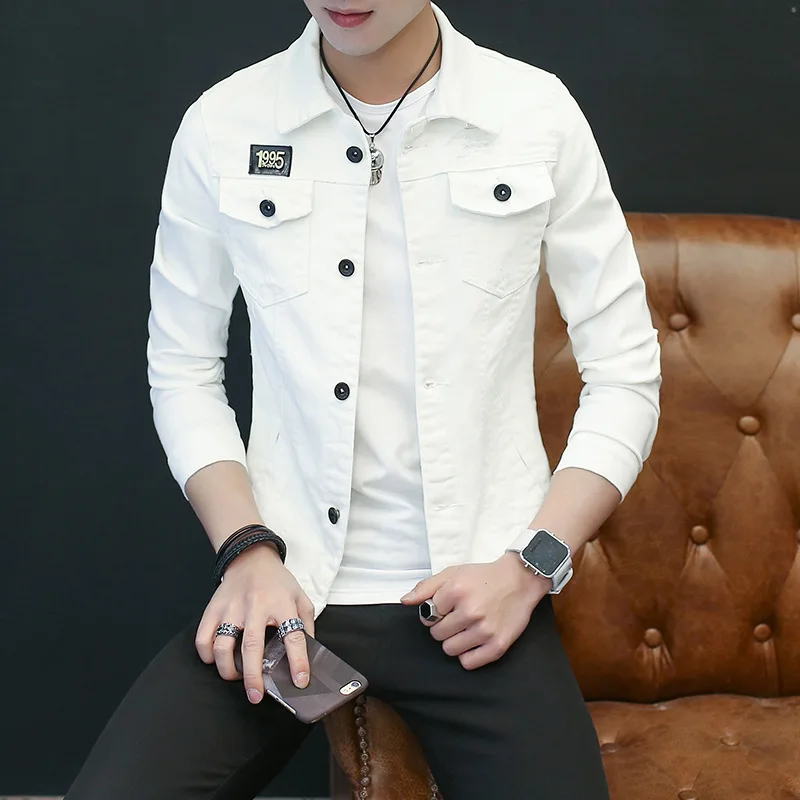 2019 Autumn Solid Jacket Men Denim Regular Cotton Casual Patchwork Pockets White Green Streetwear Jackets Coats