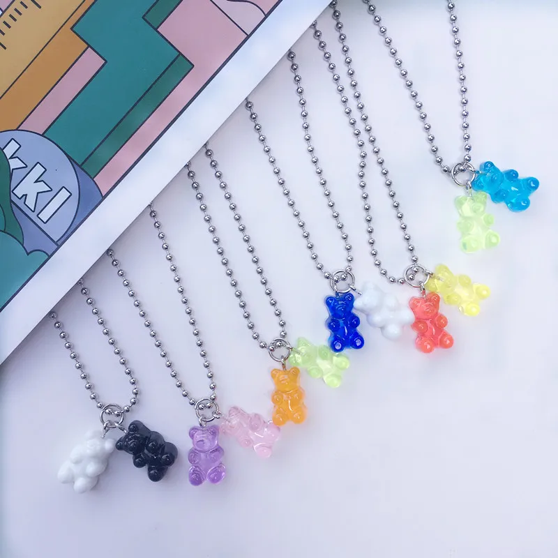 

Cute Handmade Stainless Steel Colorful Bear Necklace Candy Color Animal Resin Pendant for Women&Girl Funny Jewelry Party Gift