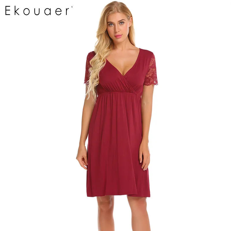 Ekouaer женская ночная рубашка для кормящих женщин, кружевная ночная рубашка с коротким рукавом, ночная рубашка с v-образным вырезом, ночная рубашка, Женская домашняя одежда - Цвет: Dark Red