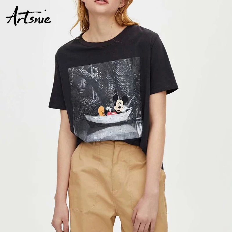 

Artsnie cartoon print dark gray women t shirt summer 2019 o neck short sleeve tops female streetwear casual t-shirts mujer tees