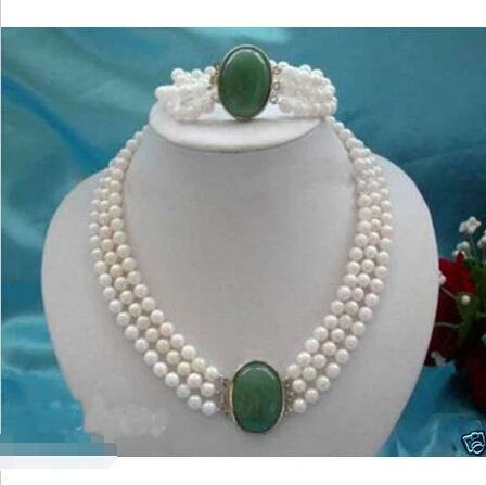 

3Rows 7-8mm White Pearl+jade clasp necklace bracelet ^18K GP style Fine jewe Noble Natural jade FREE SHIPPING