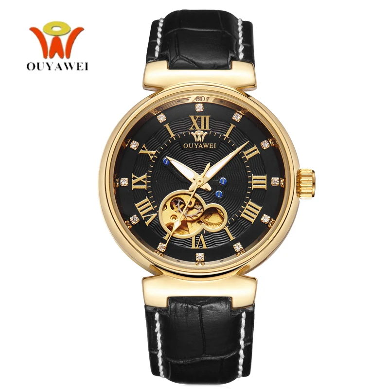 

OUYAWEI Golden Mechanic Watch Men Automatic Genuine Leather Mens Luxury Watches Top Brand Fashion Unisex Style montre homme