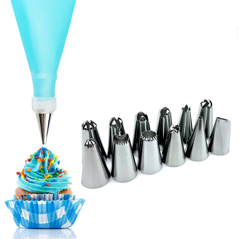 

14 Pcs Silicone Converter Cake Decoration Tools Stainless Steel Cream Reusable Pastry Cream Bags +Nozzle Pastry Converte
