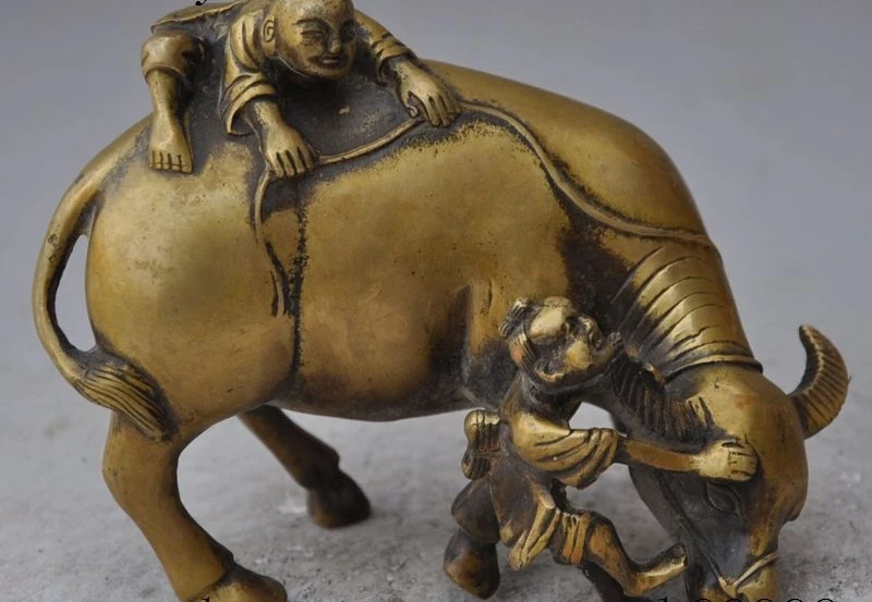 

6"china fengshui bronze boy lad child Ride Ox Bull Cattle Bovine wealth statue