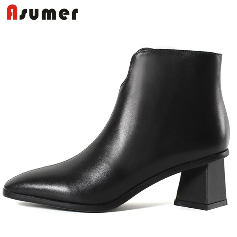 

ASUMER 2020 NEW arrival fashion thick med heels genuine leather boots pointed toe ankle boots for women simple zip winter boots