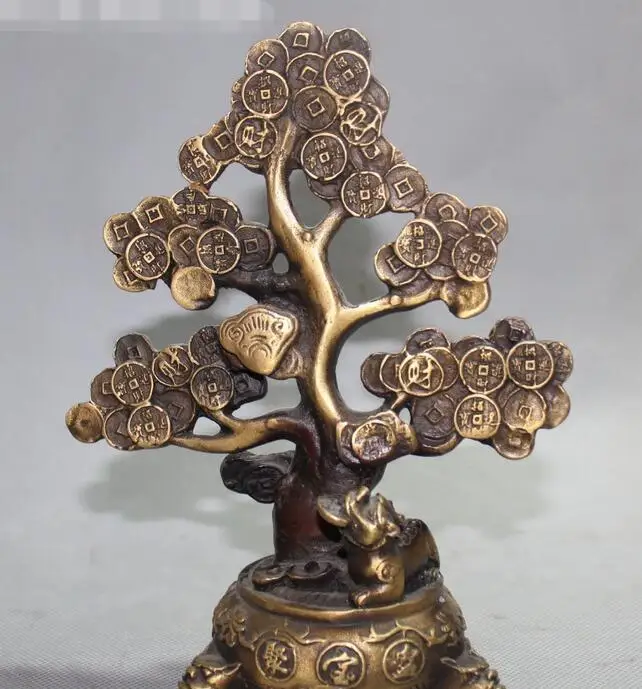 

free 8" Bronze Beast Wealth Yuanbao Money Ruyi Treasure Bowl Money Tree Statue fast