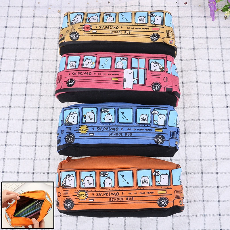 Kawaii Creative School Bus Pencil Case Large Capacity Cartoon Animal Canvas Pencil Bag Box School Supplies
