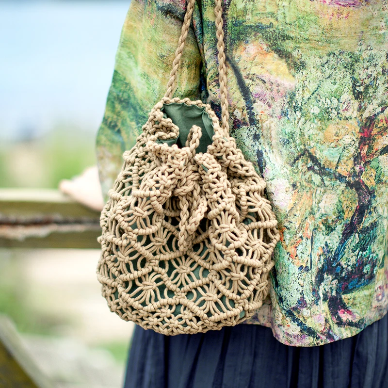 Vintage Woven backpack cotton rope bucket small straw bag vacation travel mini fresh backpack hand-woven bags 5