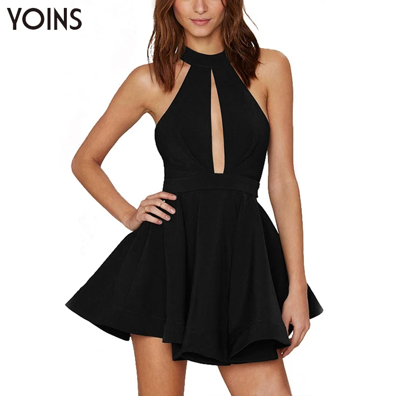 Low Price YOINS 2016 New Black Halter Skater Dress Backless Sexy Women Mini Dress Hollow Out Slim Party Night Club Dresses Plus Size