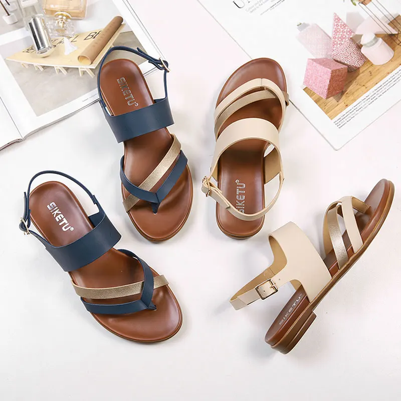 LU sandalias de gladiador de verano Zapatos de punta redonda sandalias de correa trasera 2019 zapatos de hebilla mujer señora Casual planos XWZ5882 - AliExpress Calzado