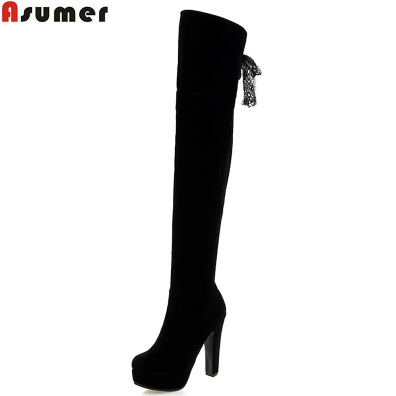 ASUMER big size 33-43 new arrive women boots fashion black red flock over the knee boots zipper lace up platform elegant цена ASUMER big size 33-43 new arrive women boots fashion black red flock over the knee boots zipper lace up platform elegant цены онлайн