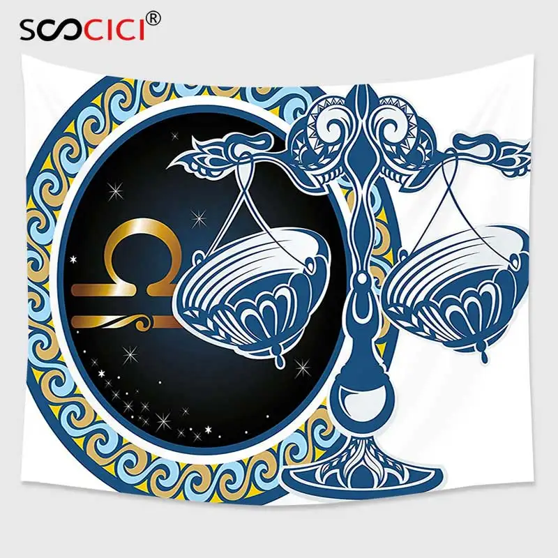 Cutom Tapestry Wall Hanging Zodiac Decor Historical Astronomy Icon Libra Pattern with Wheel and Scales Planetary Image Blue Gold | Дом и сад