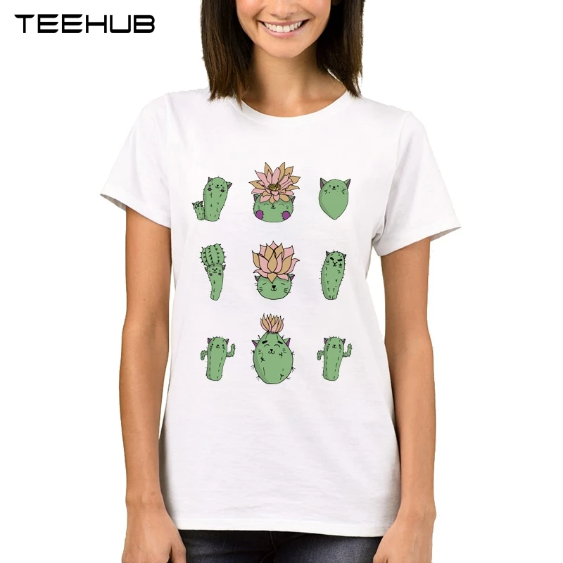 TEEHUB женские футболки в форме кошки С КАКТУСОМ Классическая футболка с коротким