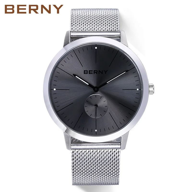 

Berny top luxury brand men watches stainless steel simple mens watches quartz horloges mannen steel mesh band