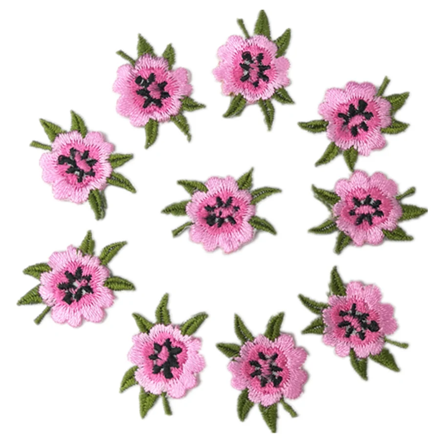 Small Pink Flower Leaves Handmade Embroidery Iron On Applique Patch Sew