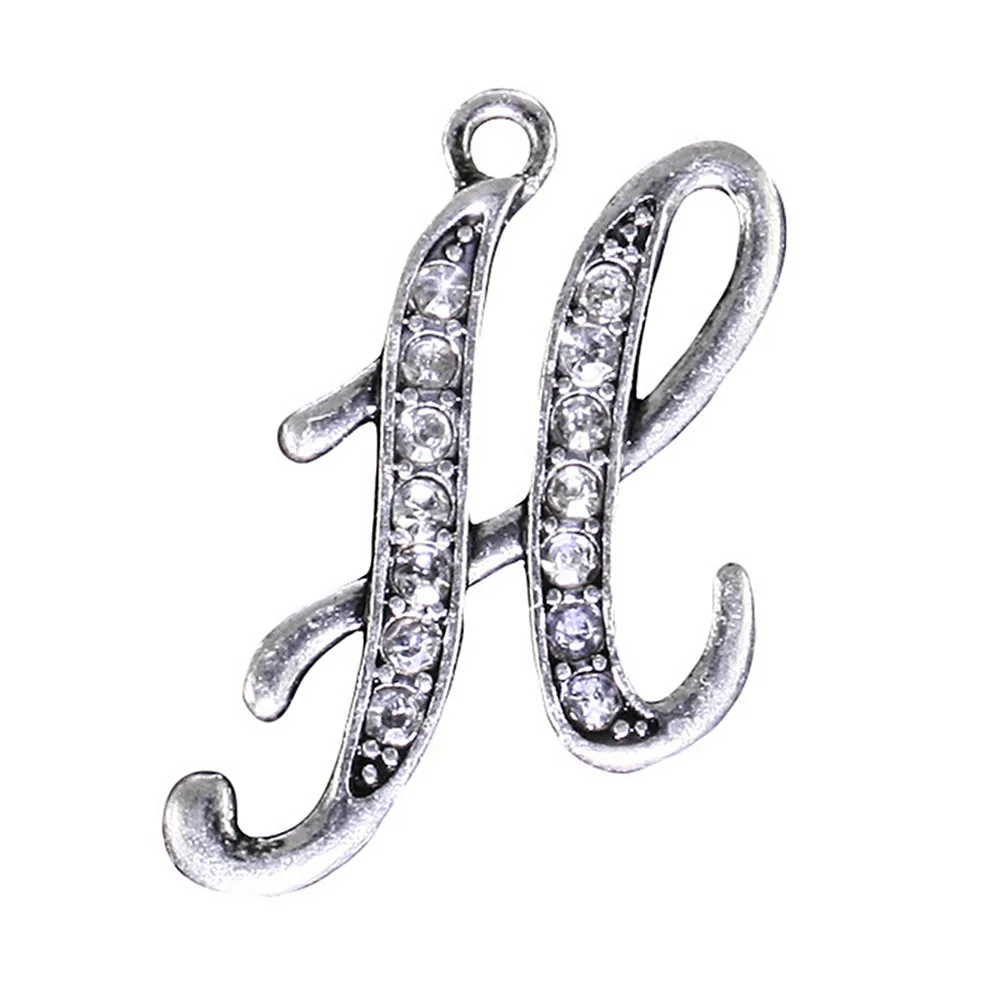 

Cheap Bulk Vintage Styles Antique Silver Plating Clear Rhinestone Alphabet initial Letters H Charms
