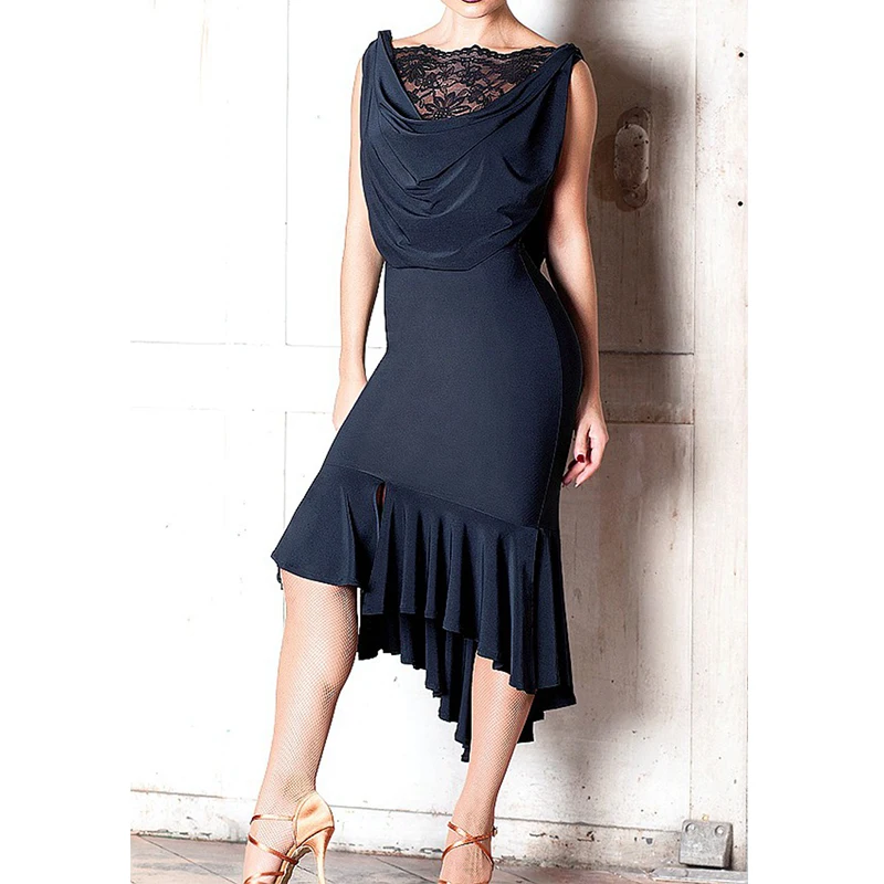 

Standard Sexy Black Women Ballroom Dance Dress Ladies Waltz Competition Sleeveless Lace Stitching Wear Accept Customize Size