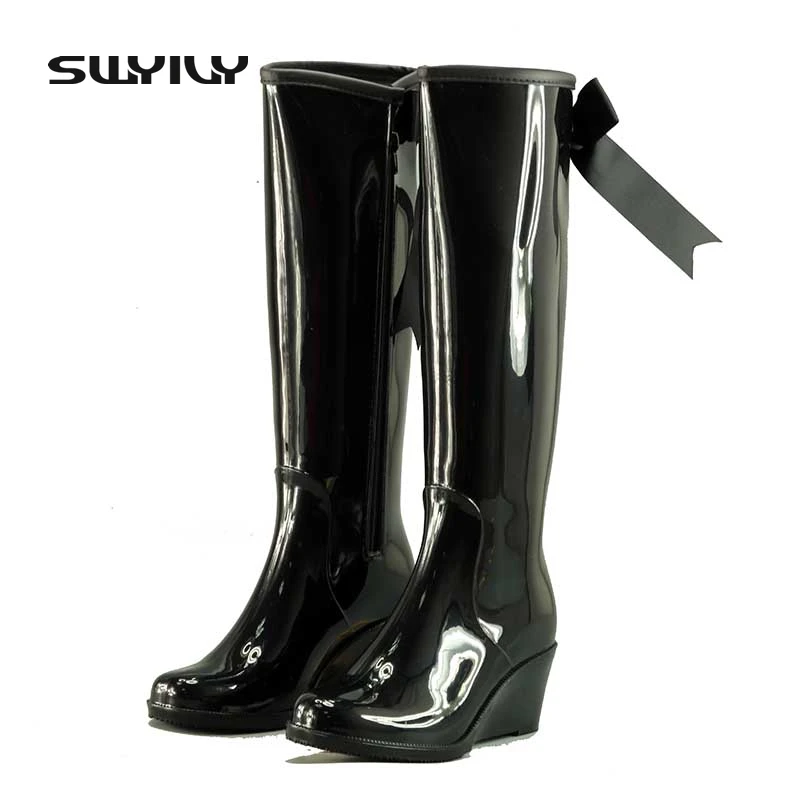 Léopard Caoutchouc Swyivy Femmes Noeud noir Pure Dames En leopard Imperméables Bottes Chaussures Talons Papillon Couleur Et Pluie Beige De Wedge Ruban aH6naqwr