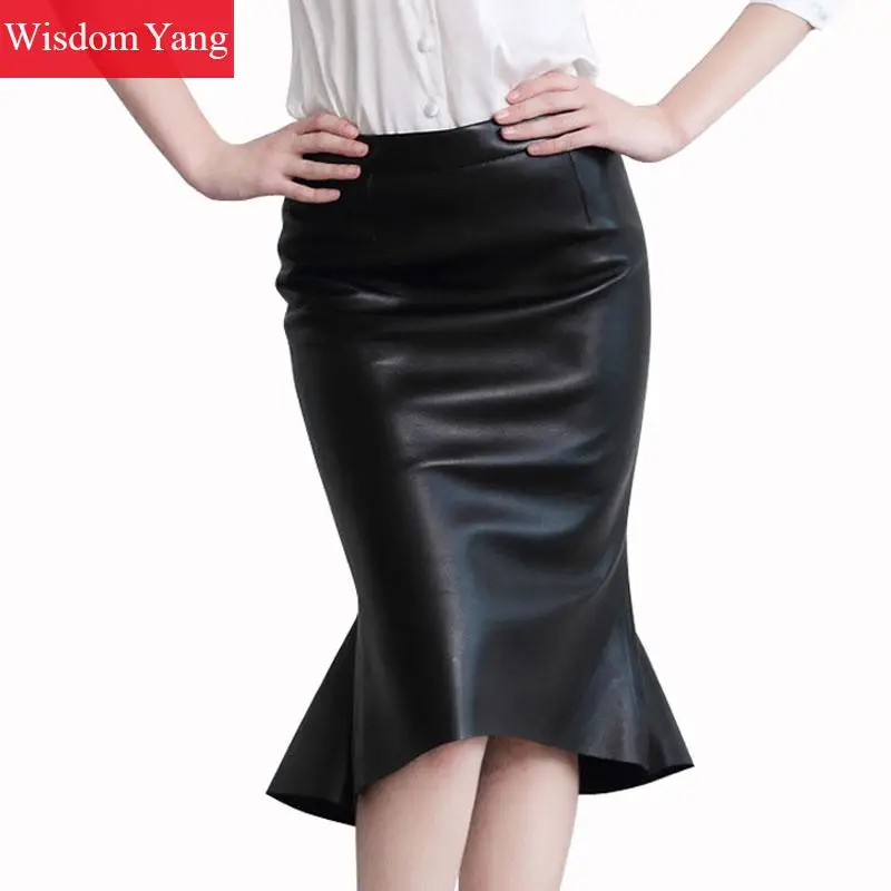 

3xl Black Real Genuine Leather Pencil Skirts High Waist Midi Wrap Skirts Women Bodycon Party Sexy Ladies Mermaid Ruffles Skirt