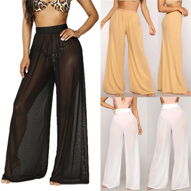 

Stylish Women's Sheer Mesh Pants See-Through Beach Suit Trousers High Waist Loose Wide Leg Pants Black White Plus Size
