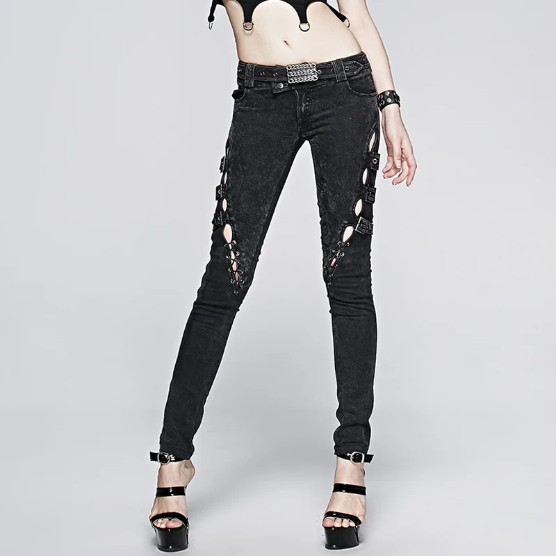 

Punk Vintage Women Long Pants with Skull Printing Steampunk Black Hollow Out Slim Long Trousers