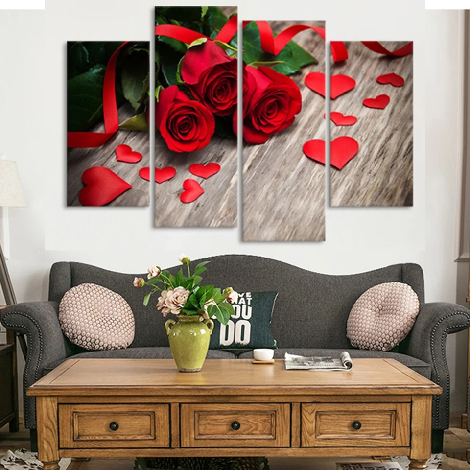 Poster Modern Home Decor HD Print Painting 4 Panel Beautiful Red Rose