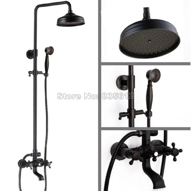 

Wall Mounted Black Antique Brass 8 inch Shower Heads Rainfall Shower Faucet Set with Bathroom Clawfoot Bathtub Mixer Taps Whg040