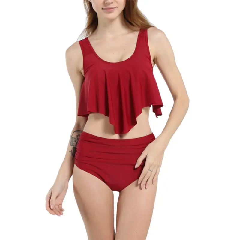 

Swimwear women Plus Size Two Piece Tankini Set Solid Color High Waisted Flounce Ruffles Strappy Bikini Pleated Tummy Control