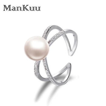 

ManKuu Wedding Engagement Ring AAA+Natural White Round Freshwater Pearl Fashion Design 925 Sterling Silver Bridal Ring For Women