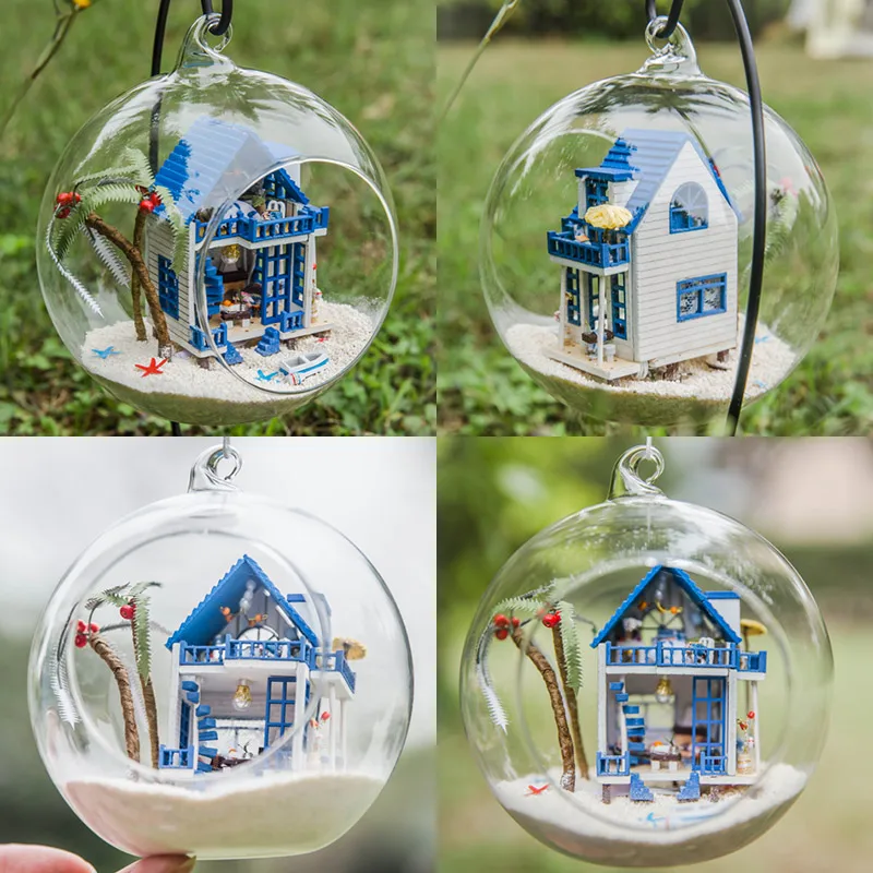 DIY стеклянный шар миниатюрный дом Эгейское море Сборная модель здания кукольный домик наборы с Funitures для детей или взрослых креативный подарок