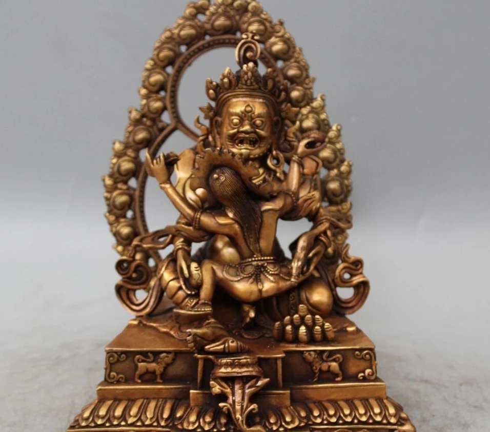 

10" China Tibet Yunnan Bronze Gild Artwork Mandkesvara Mahakala Buddha Statue