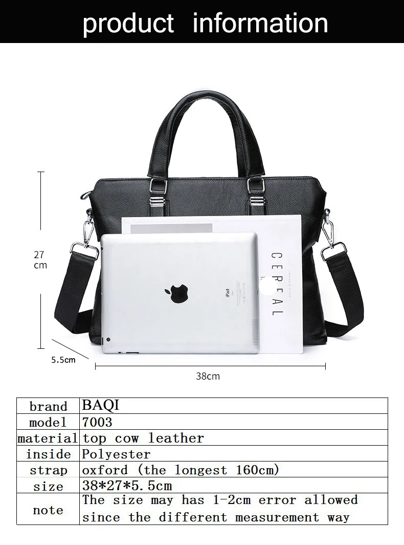BAQI бренд мужской портфель сумка мужская сумка из натуральной коровьей кожи 2019 модная мужская компьютерная деловая сумка через плечо