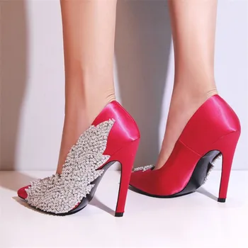 

Sexy Spring Runway Silk shoes woman party Pointed Toe High Heels Crystal bling Silver Shoes high heels Pumps Wedding Shoes