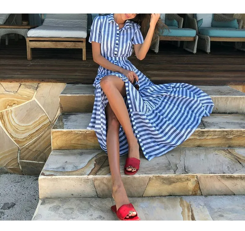 

2019 Womens Summer Boho Maxi Dress Evening Party Sundress Beach Long Stripe Dress