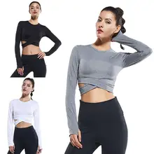 Женская Повседневная обёртывать накрест укороченный Топ Спортивная Всесезонная быстросохнущая рубашка с длинными рукавами Спортивная одежда для йоги короткий топ спортивный